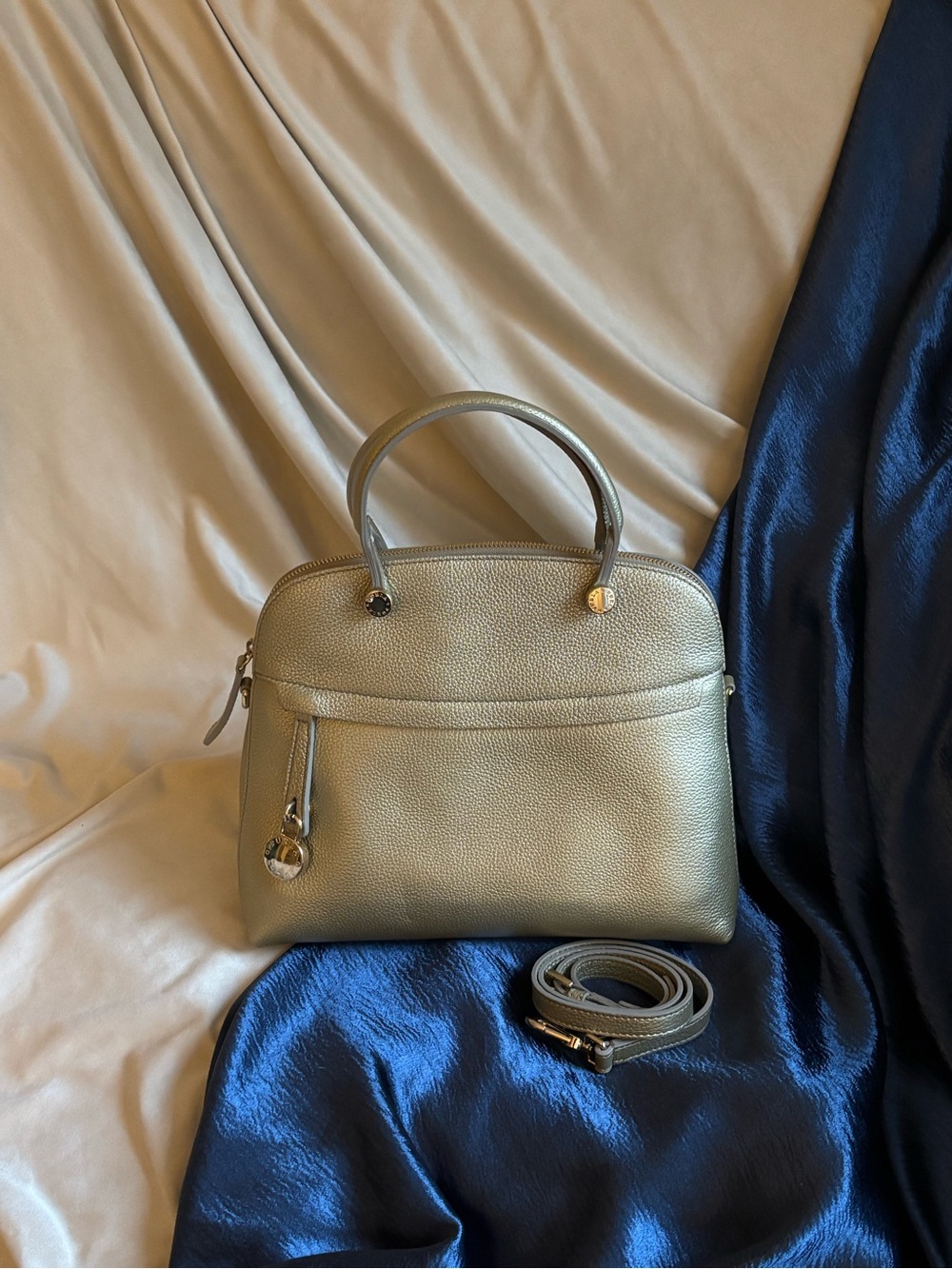 Furla Metallic Gold Pebbled Leather Top-Handle Satchel